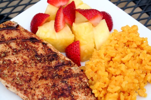 Spice-rubbed chicken, fresh fruit and a rice dish. What could go wrong?